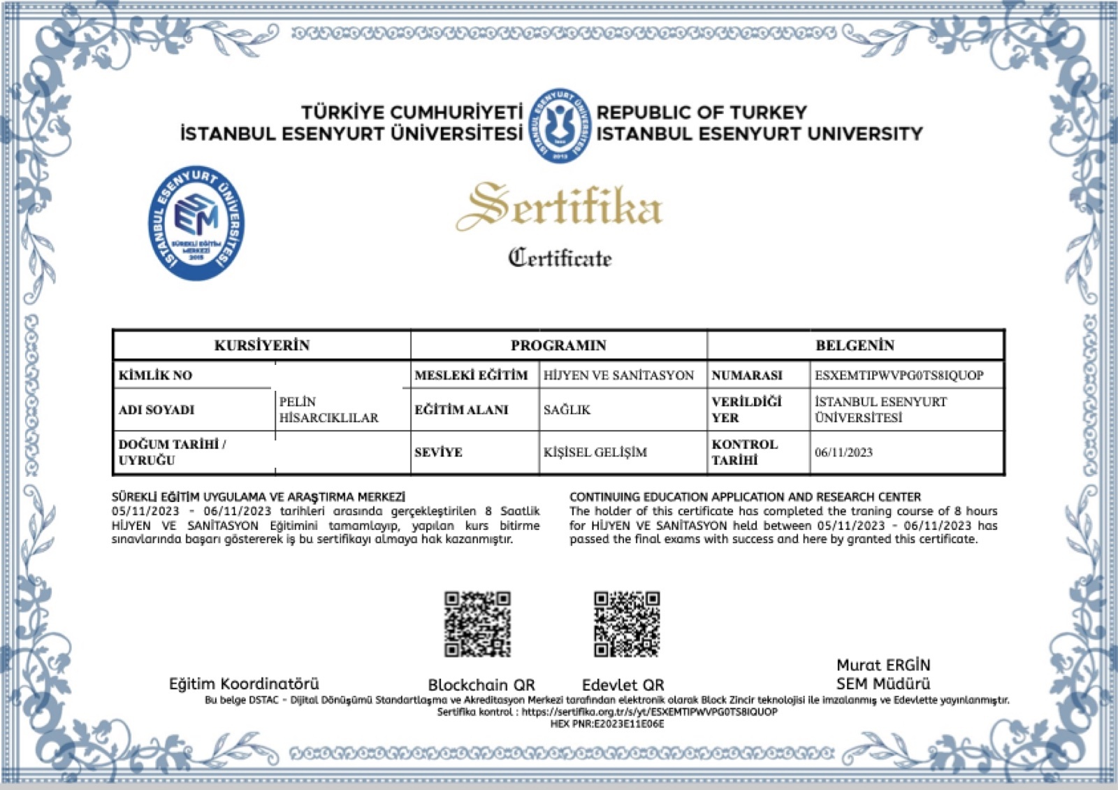 Hygiene and Sanitation certificate