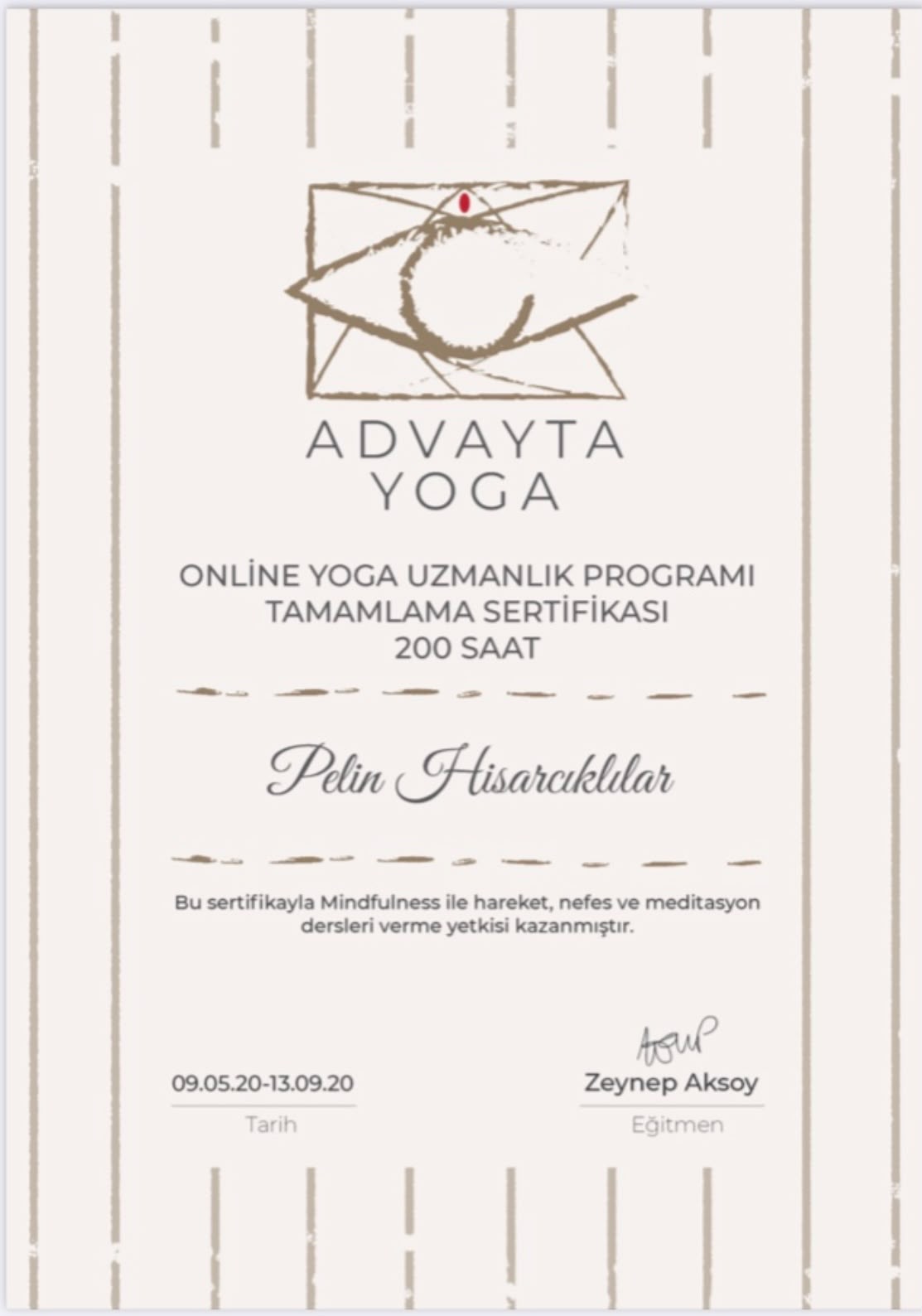 Yoga Instructor Training certificate